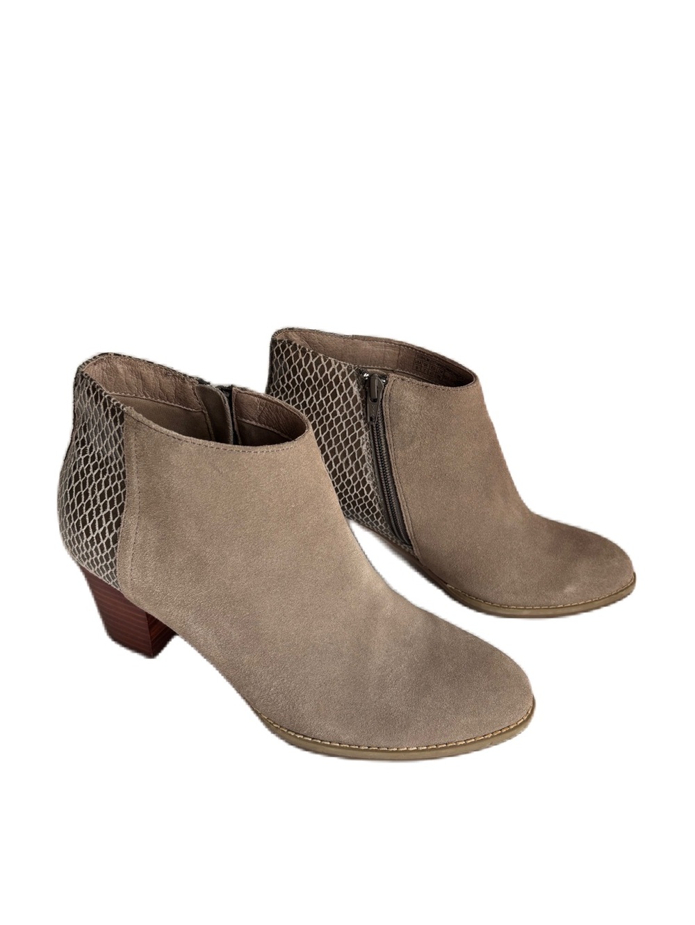 Vionic Women's Bromley Taupe Suede Ankle Booties with Snake-Print Heel Size 9